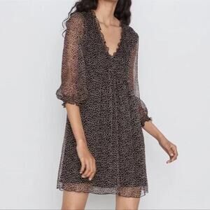 Zara Womens Mini Dress Black Brown Dot Print Long Sleeve Flowy Mini Sheer Size S